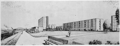 831358 Afbeelding van een perspectieftekening van enkele flatgebouwen aan de Rooseveltlaan te Utrecht.
